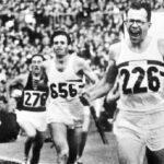 Chris Brasher wins the gold medal for the 3000 Metres Steeplechase at the 1956 Olympic Games in Melbourne, Australia