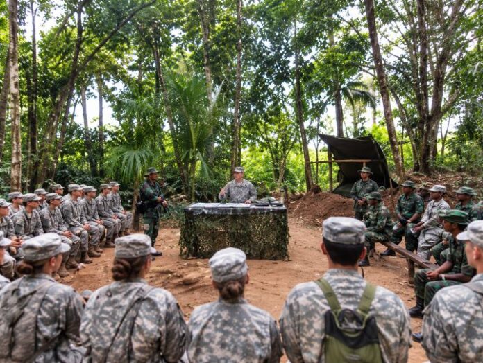 Florida Army National Guard Sgt. 1st Class Jonathan Preston speaking at the Jungle Amphibious Training School (JATS)