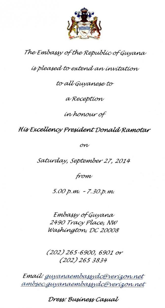 invitation to reception in honour of president donald ramotar 0
