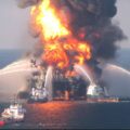 Fire boat response crews battle the blazing remnants of the offshore oil rig Deepwater Horizon off Louisiana on 21 April 2010. Photograph: Handout/Reuters